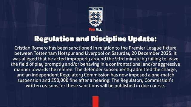 官方:热刺后卫罗梅罗遭追加停赛1场+罚款5万镑,无缘足总杯对维拉